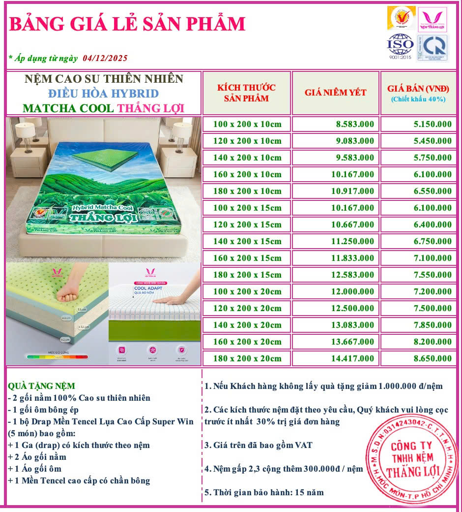 nemthangloichinhhang.vn bang gia nem cao su thien nhien dieu hoa hybrid matcha cool thang loi